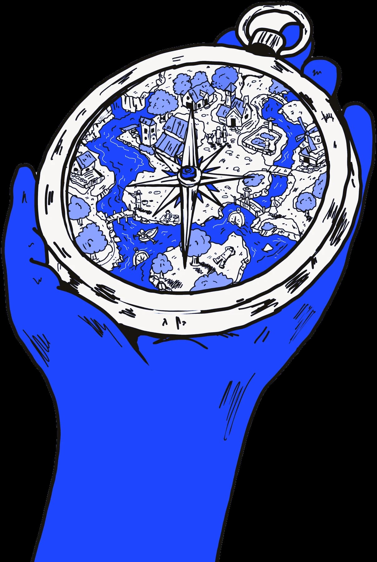 Illustration: a hand holding a compass whose dial shows a landscape of houses and rivers