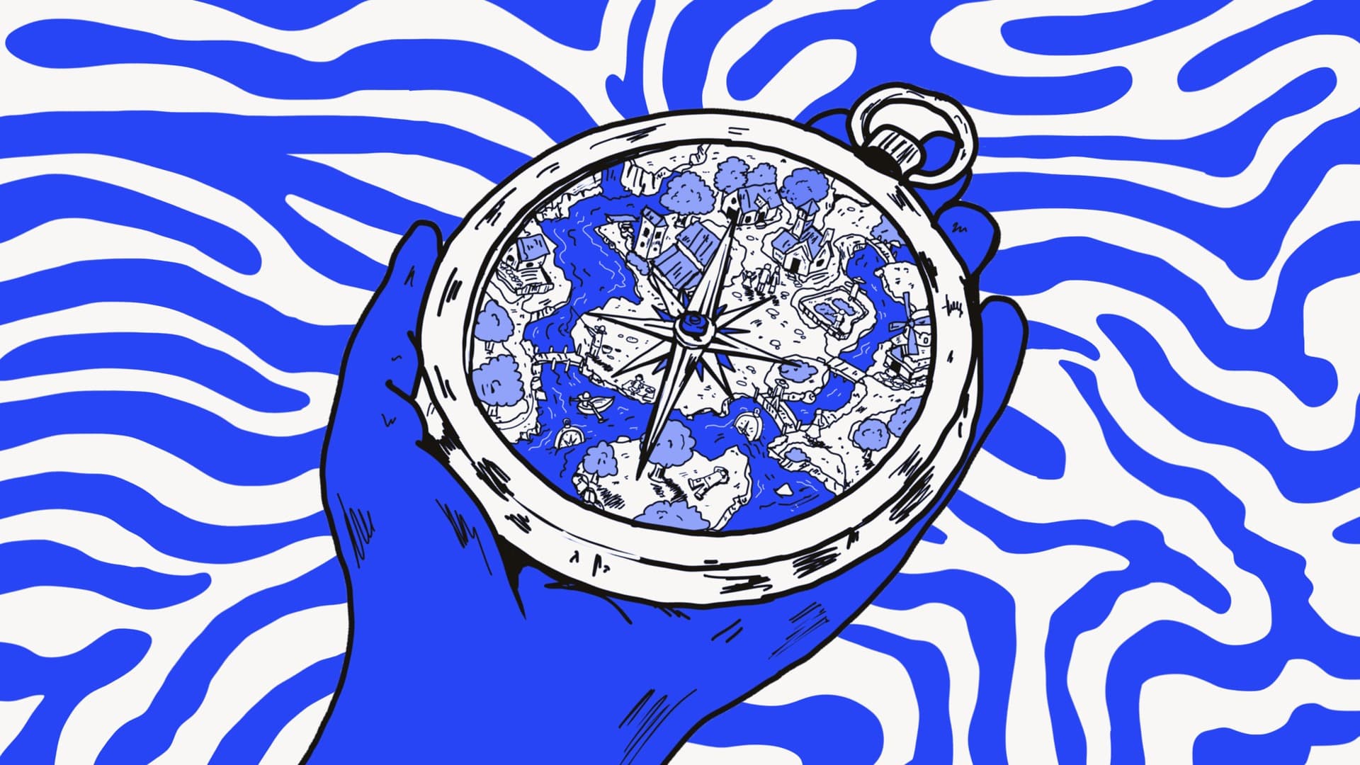 Illustration: eine blaue Hand hält einen Kompass, in dem eine kleine Landschaft liegt, vor blau-weißer Maserung