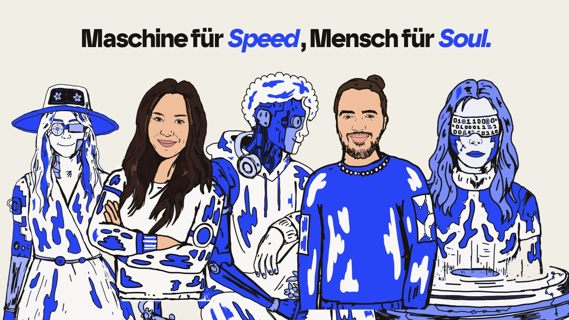 Illustration mit der Zeile «Maschine für Speed, Mensch für Soul.»: Liane Siebenhaar und Lenny Neufeld zwischen den drei KI-Agenten von Forderland